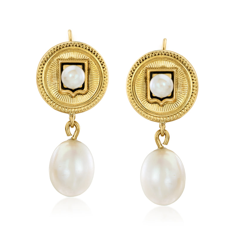 14kt yellow gold cultured pearl drop earrings, round bezel stud with pearl dangle