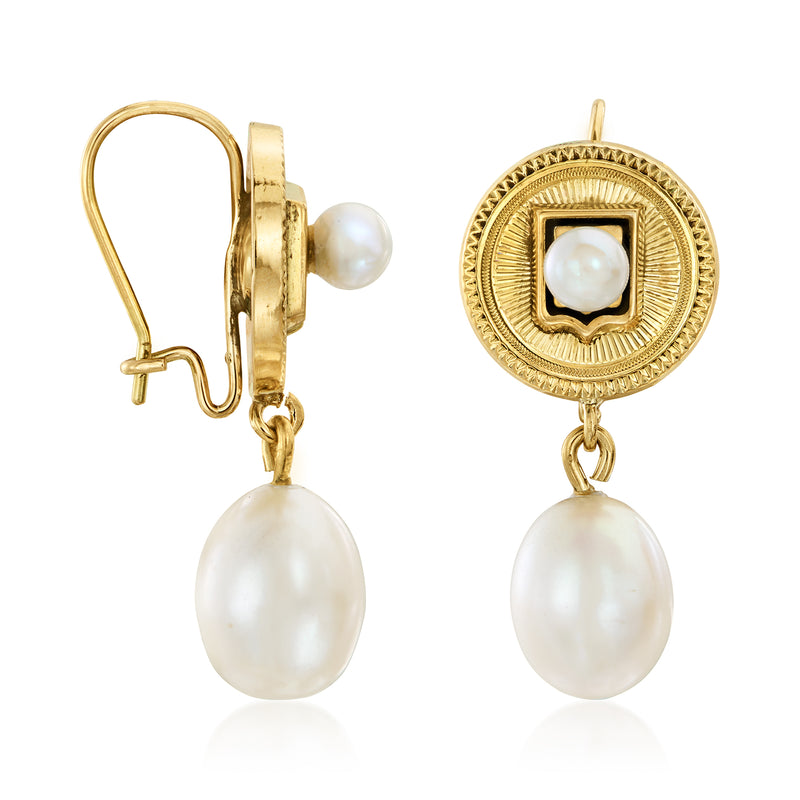 14kt yellow gold pearl drop earrings with hinged earwire and large teardrop pearls
