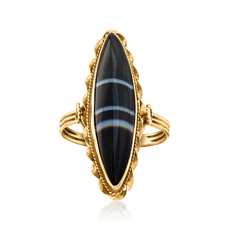 Vintage marquise black agate ring in 14kt yellow gold, ornate bezel setting