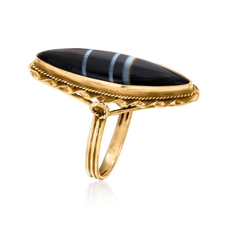 Vintage marquise black agate ring side view, 14kt yellow gold filigree bezel
