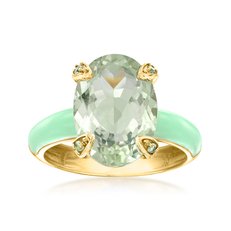 Oval light green gemstone ring in gold with pastel green enamel band