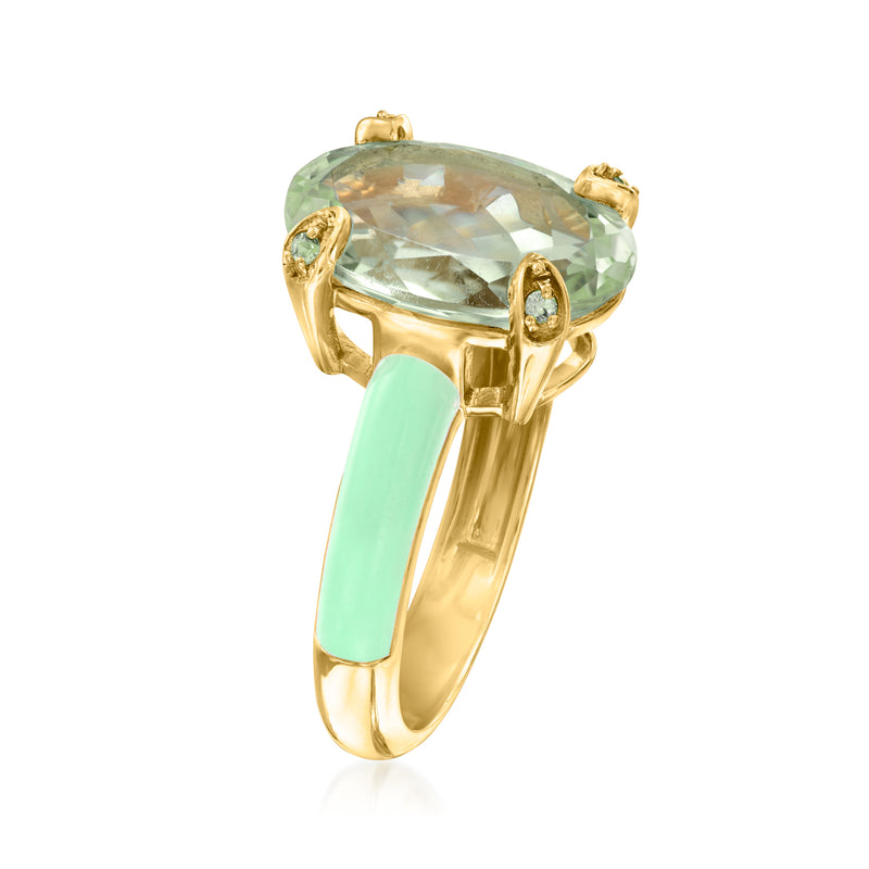 Side view gold ring with large oval light green gemstone and pastel green enamel