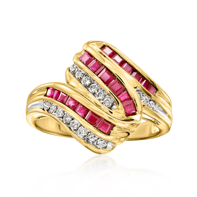 14kt yellow gold swirl ring with pink ruby baguettes and white diamond accents