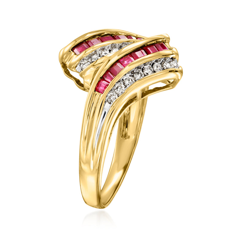 Yellow gold open swirl ring with pink ruby baguettes and sparkling diamond row