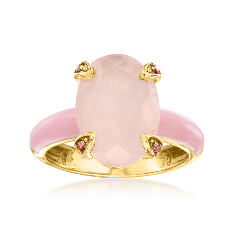 Rose quartz oval ring with pink enamel band, gold-tone prongs and small pink stones