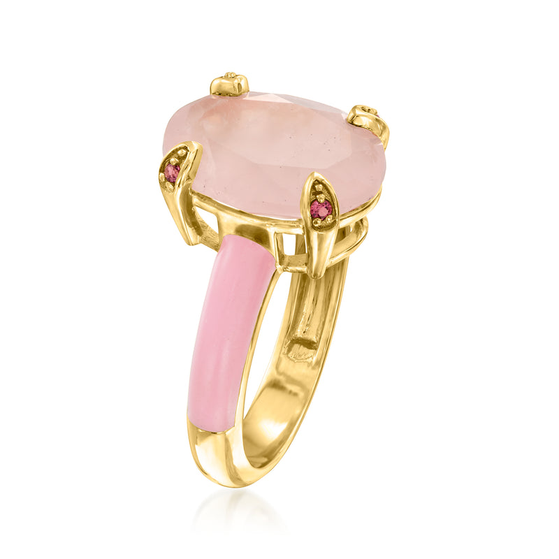 Rose quartz oval ring with pink enamel panel, gold-tone setting and pink side stones