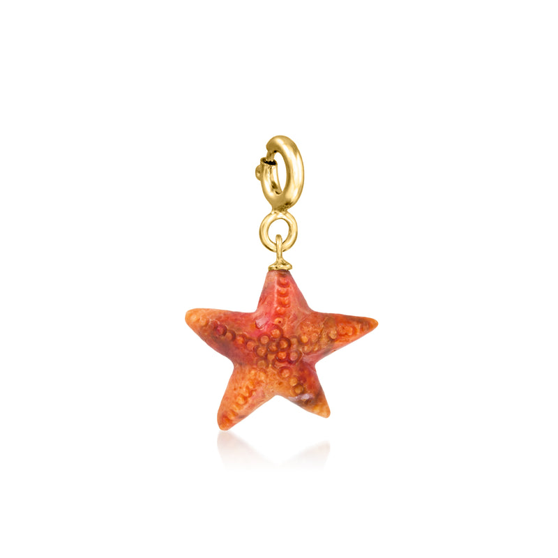 Coral starfish charm on gold over sterling hoop, orange starfish pendant