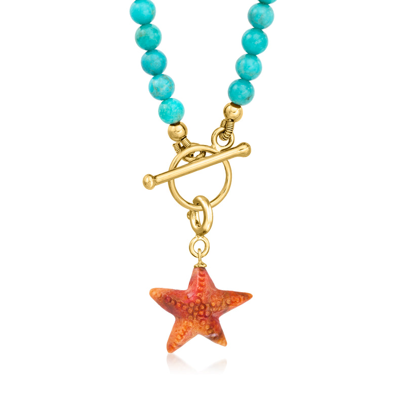 Beaded necklace with gold starfish charm and orange coral starfish pendant