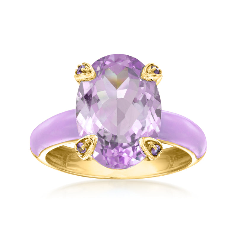 Amethyst ring with oval purple stone, gold setting, and pastel purple enamel band