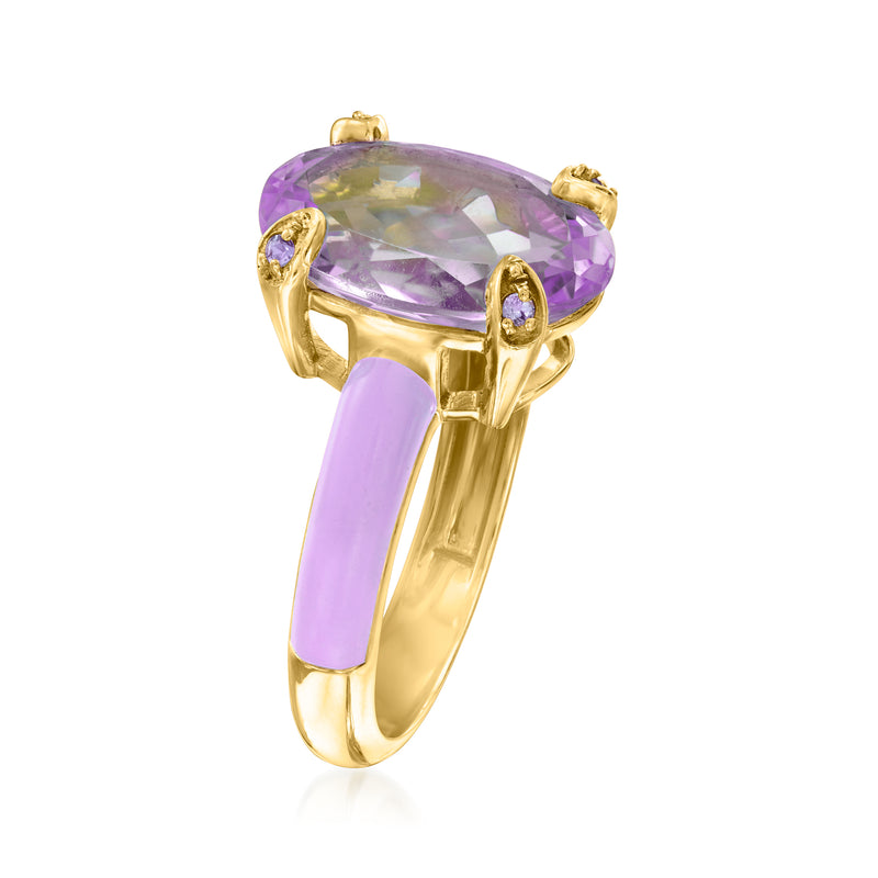 Amethyst ring with oval purple gemstone and pastel purple enamel detail on gold band