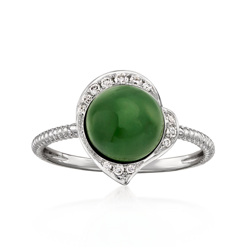 Vintage white gold ring with green oval nephrite center and diamond halo