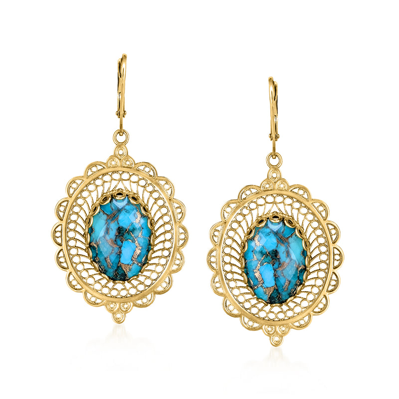 Turquoise drop earrings with oval stone, gold filigree round frame, leverback hooks