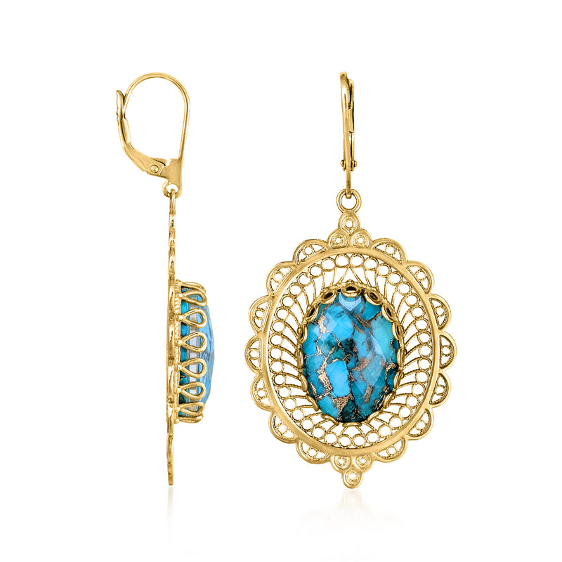 Gold leverback turquoise drop earring with filigree circular bezel and oval stone detail