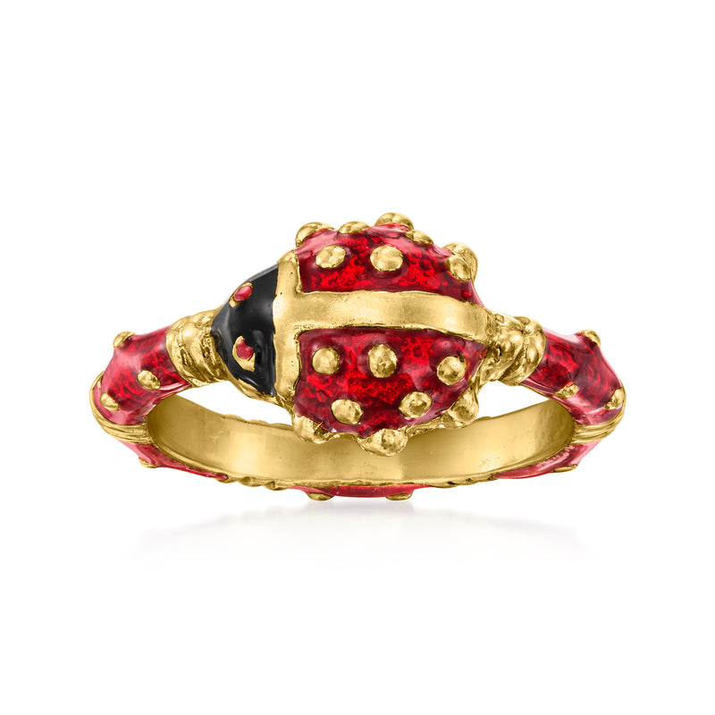 Vintage ladybug enamel ring, red and black with yellow-gold bezel