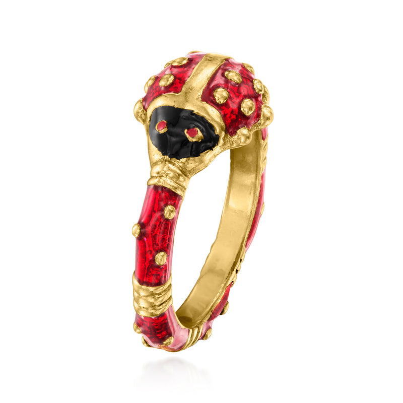 Vintage ladybug enamel ring, side view with black details and red body, yellow gold