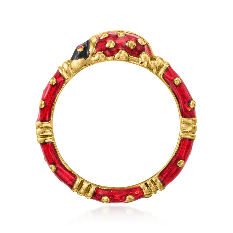 Vintage ladybug enamel ring, top view with red enamel and small gold studs