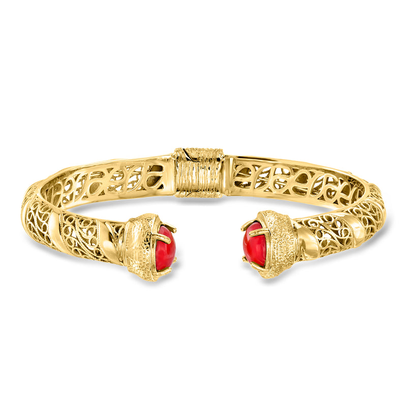 Coral filigree cuff bracelet, 18kt gold over sterling with red gemstone panels