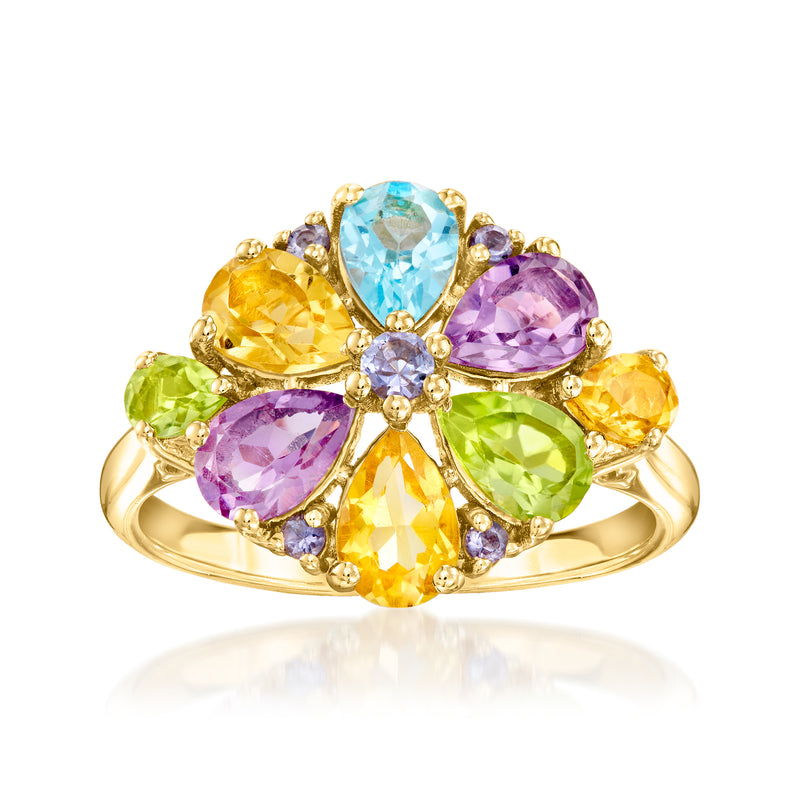 Gold cluster ring with pastel multi-gem oval and pear stones, prong-set