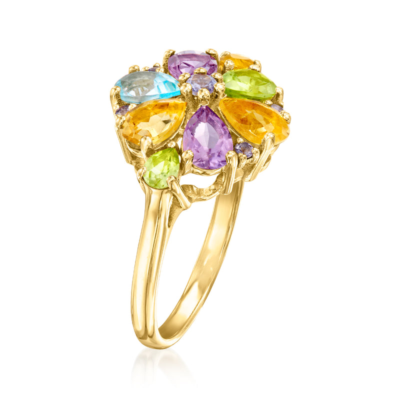 Gold gemstone cluster ring with pear-cut pastel stones and side prongs