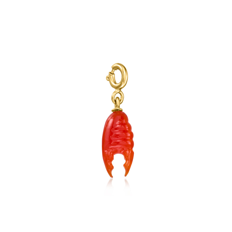 Red carnelian lobster claw charm in gold over sterling with ring bail.