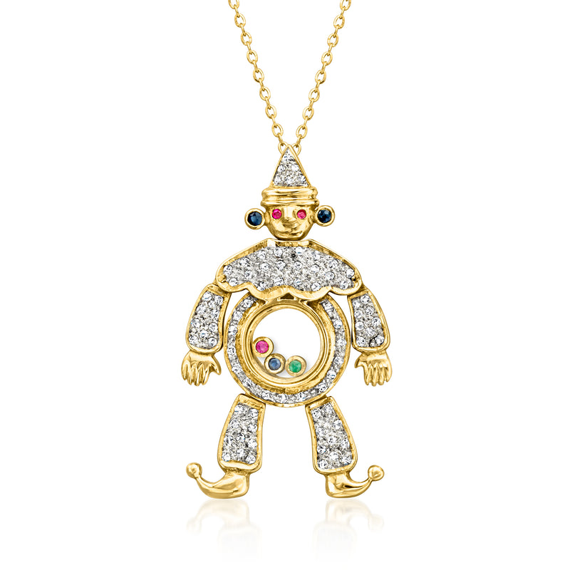 18kt yellow gold clown pendant necklace with sparkling stones and colorful gem eyes