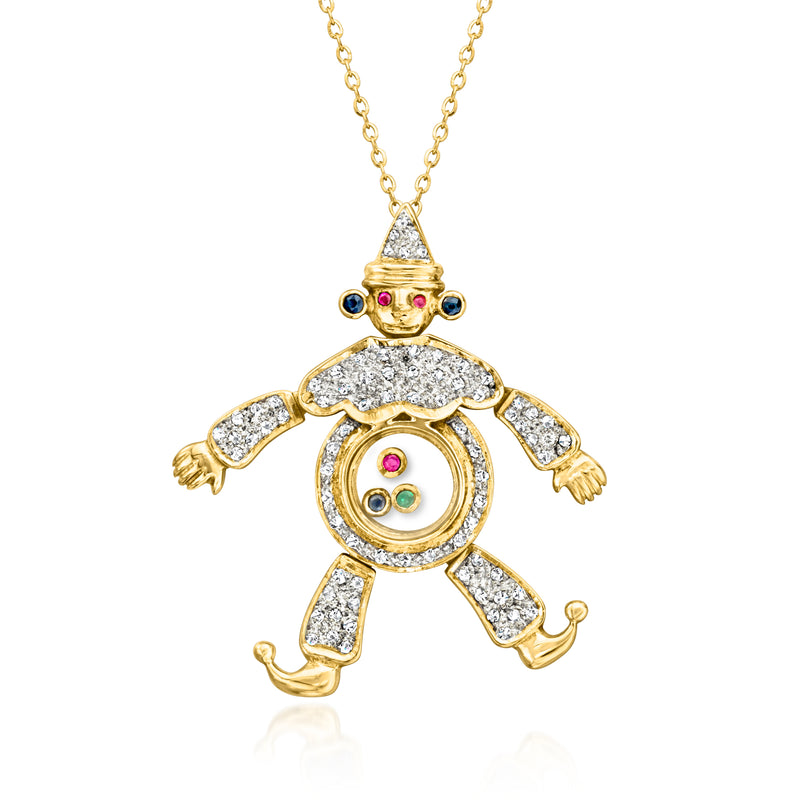 18kt yellow gold clown pendant necklace with gem-ring face and glittering stone trim