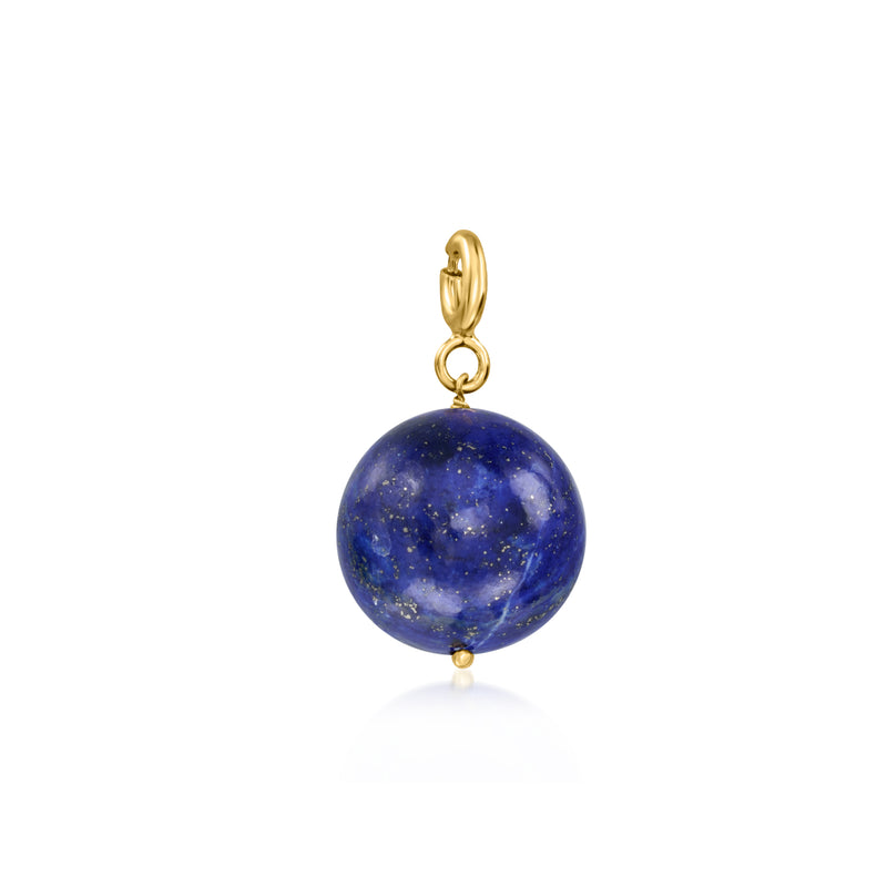 Lapis bead charm with gold loop, dangling from a gold over sterling chain.