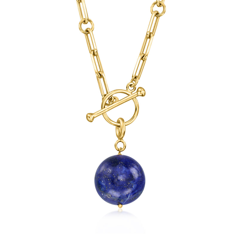 Round blue lapis bead charm pendant on a gold chain with open-link design.