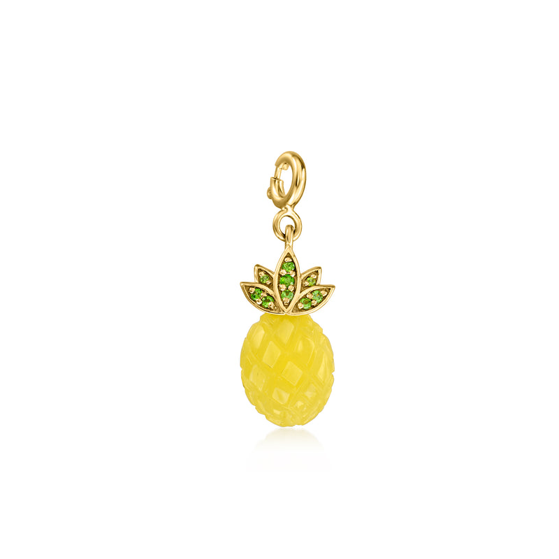 Gold pineapple charm with yellow stone and green leaf detail, hanging on loop
