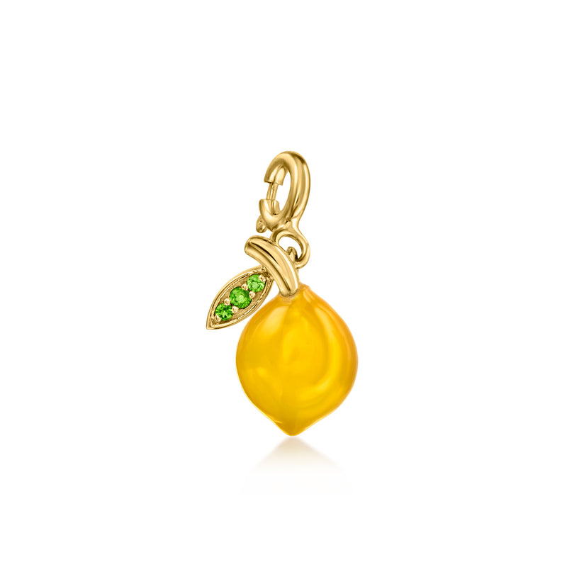 Gold lemon charm with yellow teardrop stone and green leaf accent charm