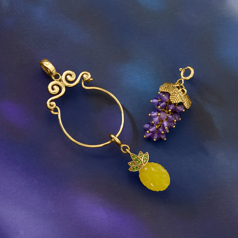Amethyst grape cluster charm on gold chain with purple bead bunch