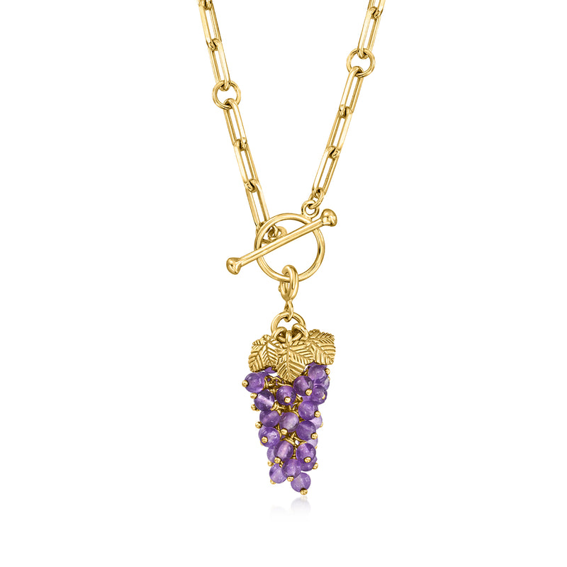 Amethyst grape cluster charm pendant on gold chain with purple bead bunch