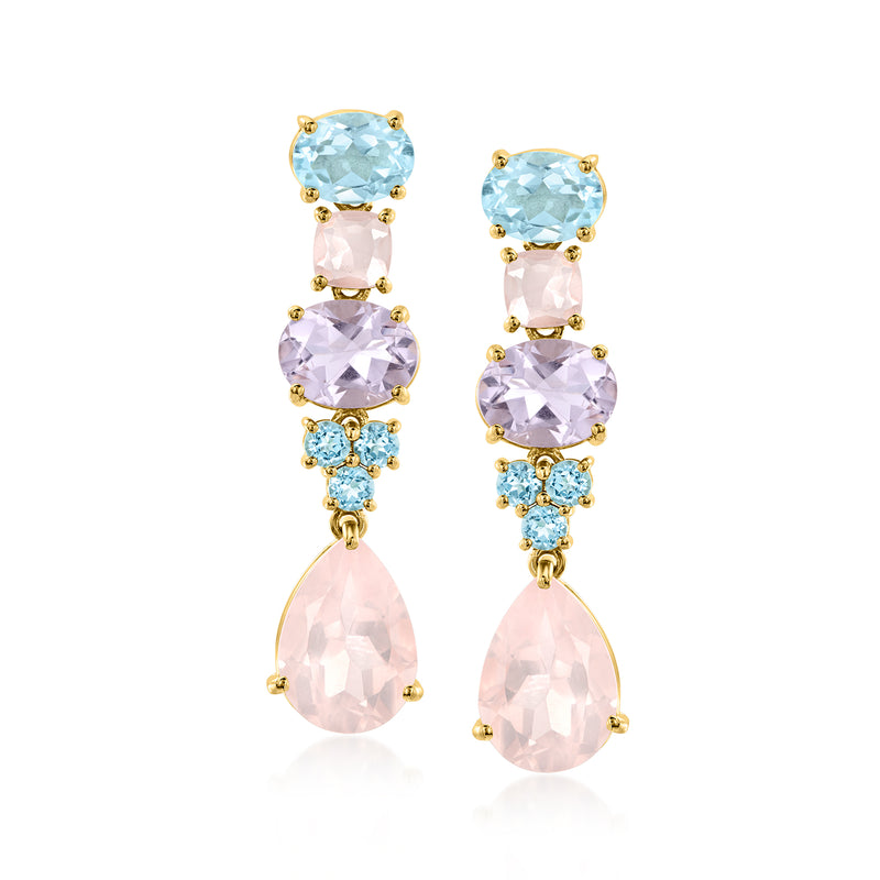 Gold-tone multi-gem drop earrings with blue, pink, purple, and light blue stones