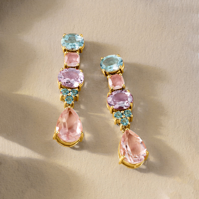 Gold-tone multi-gem drop earrings with blue and pink square stones plus rose teardrop