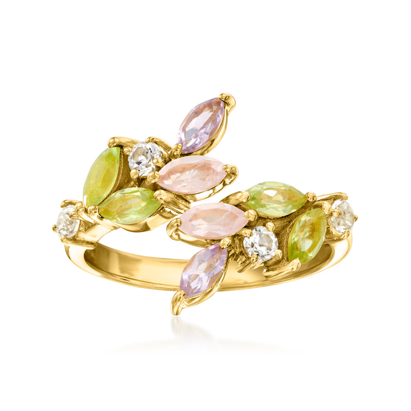 Gold-tone multi-gemstone ring with pink marquise, green teardrop, and clear accents
