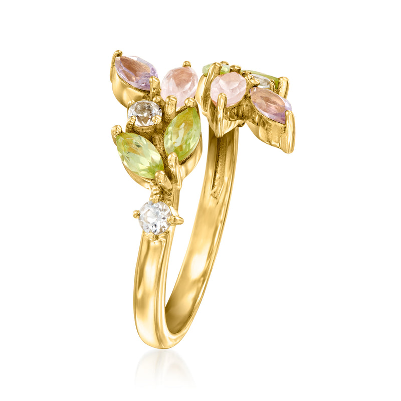 Gold-tone multi-gemstone ring, pink and green marquise stones with clear round accents