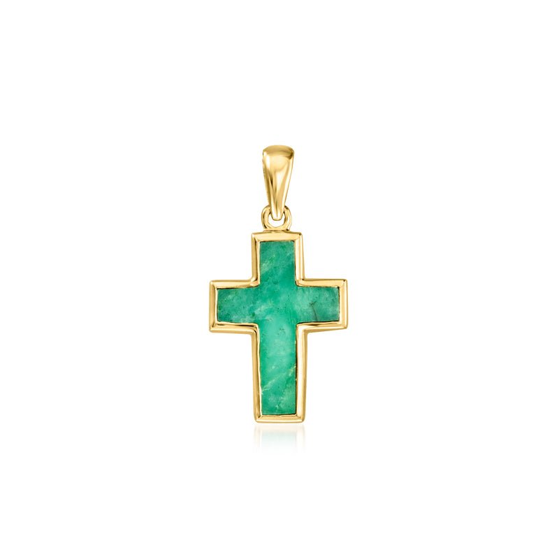 18kt gold over sterling cross pendant with emerald-green rectangular stone