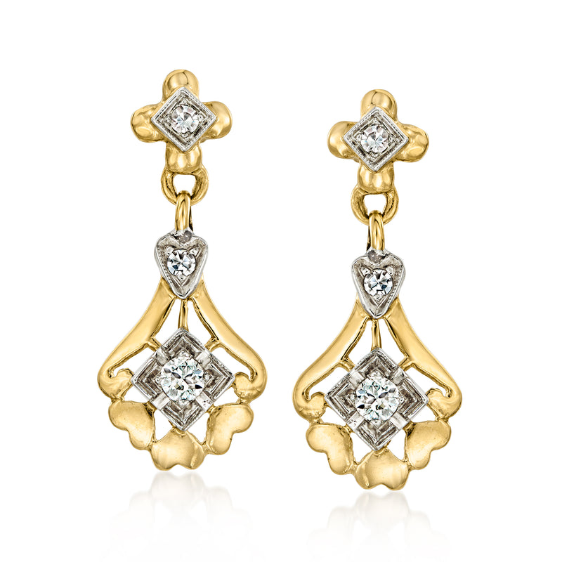 Vintage yellow gold diamond drop earrings with clustered square stones and heart drops