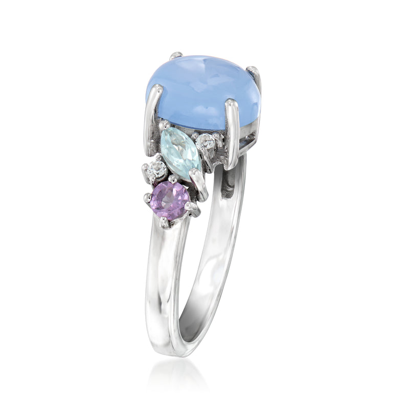 Sterling silver ring with oval light-blue center stone and pink and aqua side accents