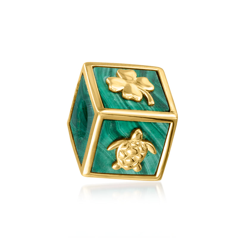 18kt gold over sterling malachite charm with clover luck symbol in green inset