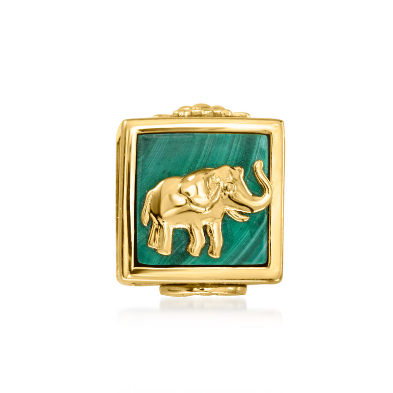 18kt gold over sterling malachite charm with elephant luck symbol on green inset