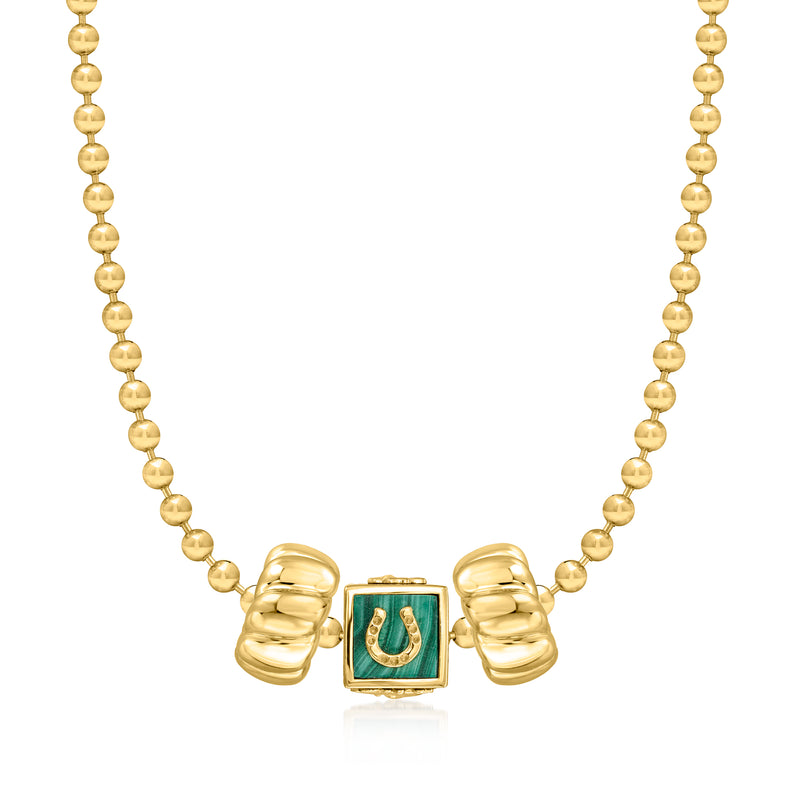 Gold bead necklace with malachite square charm and two cube-like lucky links