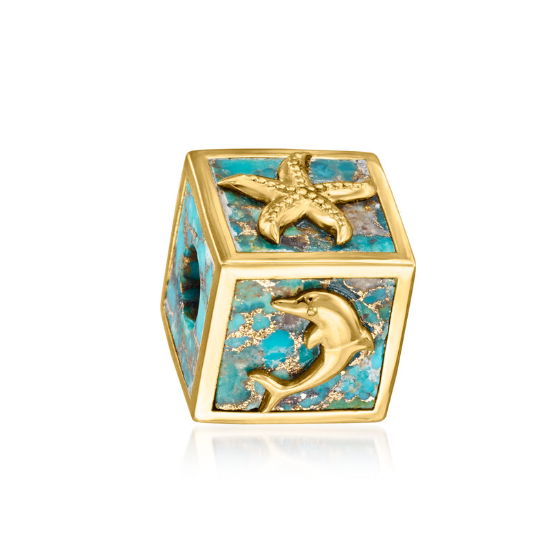 Gold-tone sea life bead charm with turquoise blue enamel sea scene and dolphin design