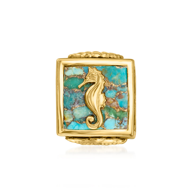 Gold-tone framed turquoise enamel bead charm with seahorse detail