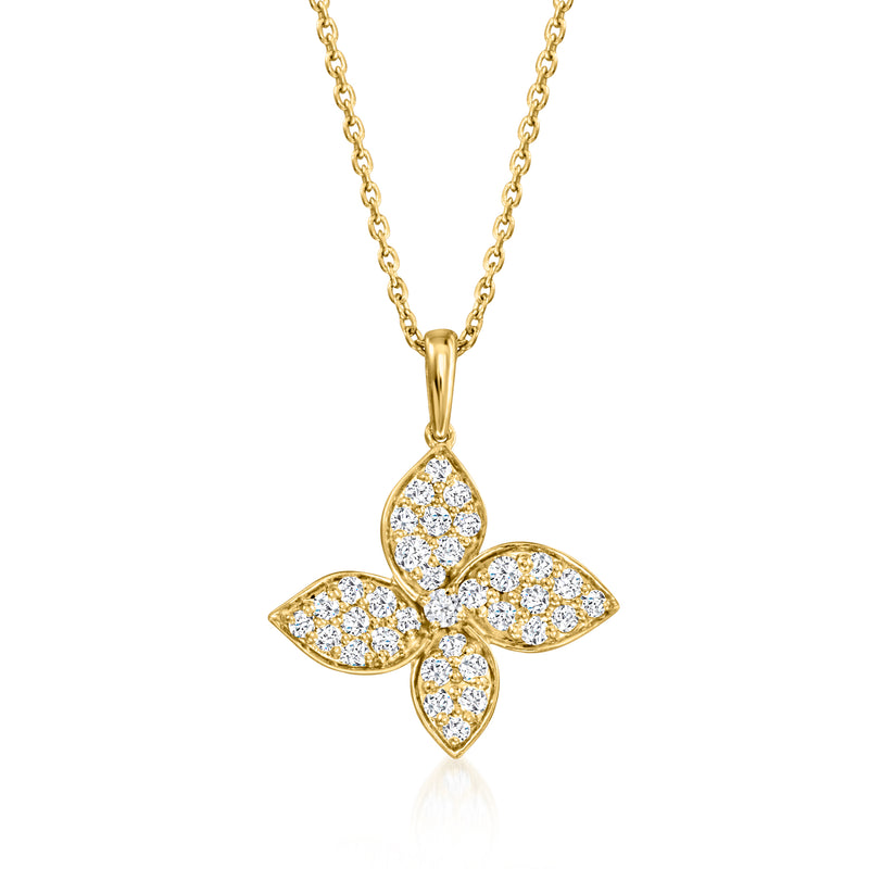 Gold flower pendant necklace with round lab-grown diamond accents on a chain
