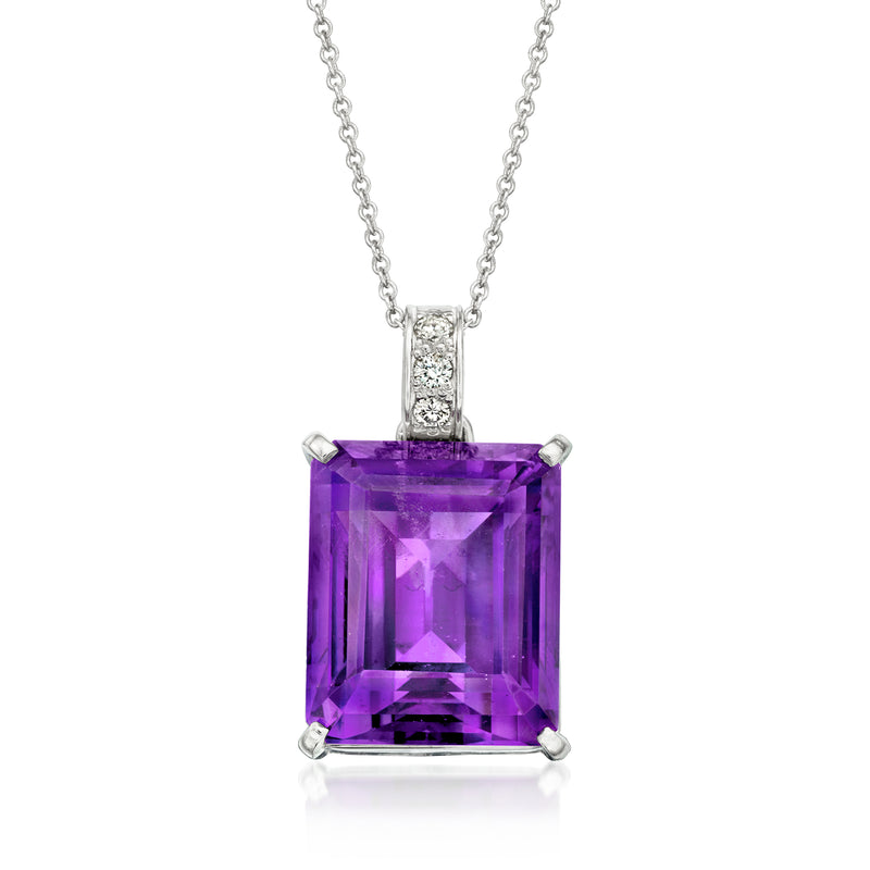 Platinum pendant necklace with square amethyst gemstone and halo diamond accents