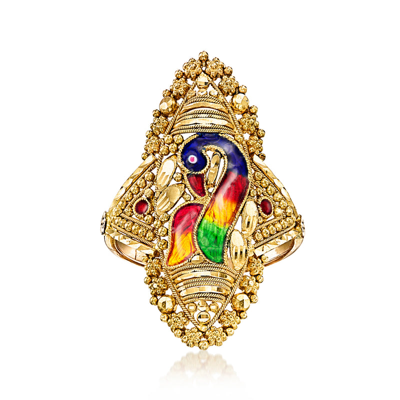 Vintage yellow gold swan ring with colorful rainbow enamel center, ornate border