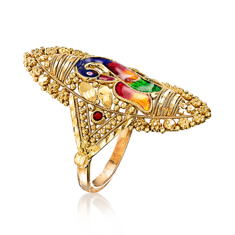 Yellow gold swan ring with rainbow enamel panel and decorative beaded filigree sides