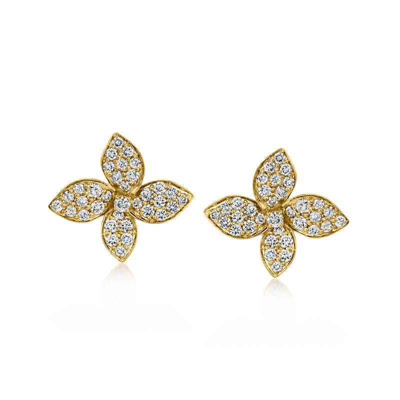 Gold flower diamond stud earrings with small round stones, post style