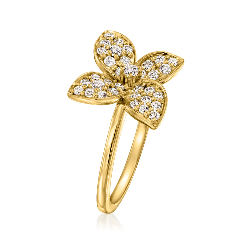 Gold flower diamond ring angled view with three petal layers and round stones